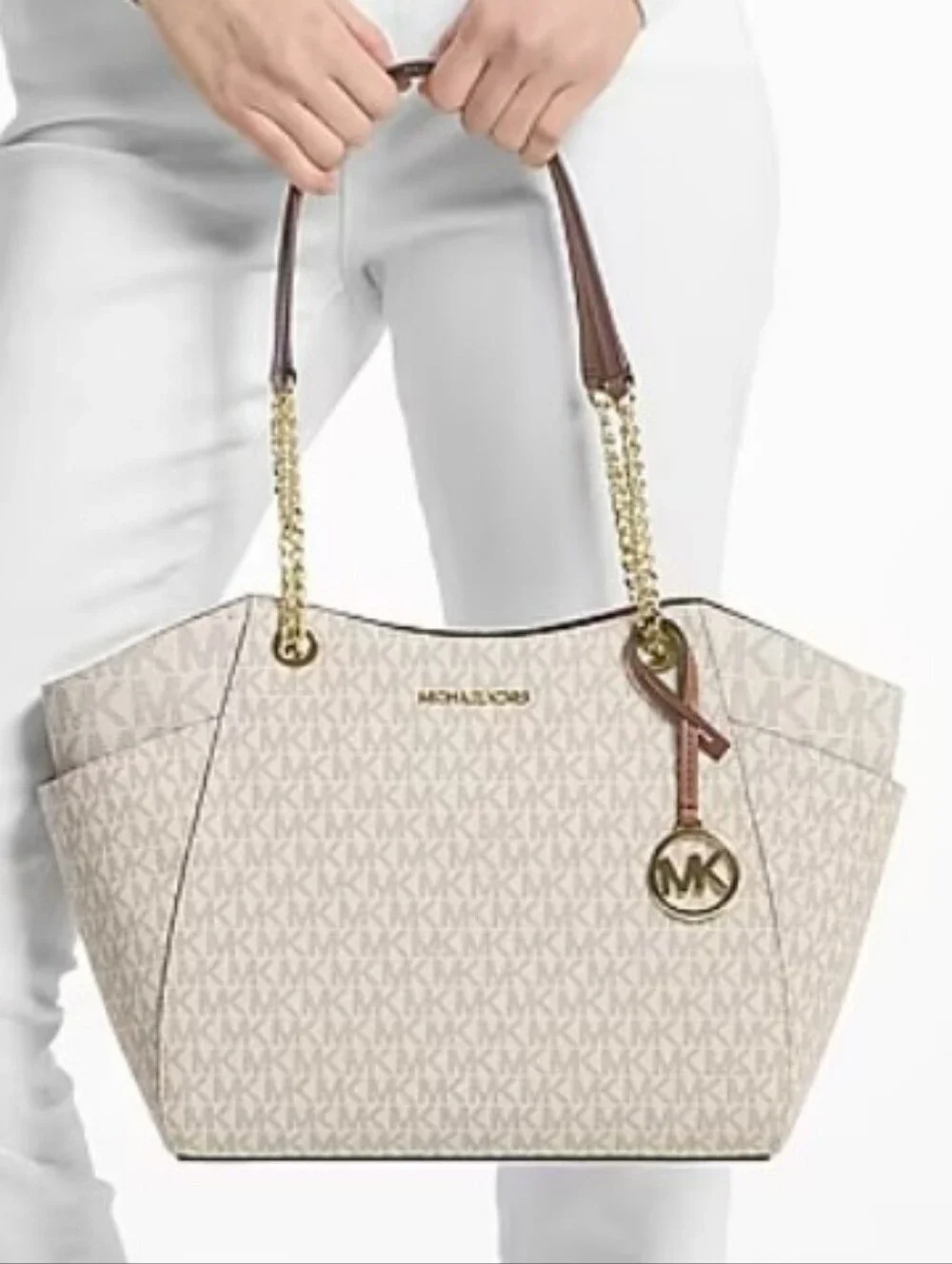 Michael Kors Cream Signature Logo Tote with Brown Trim and Gold Hardware